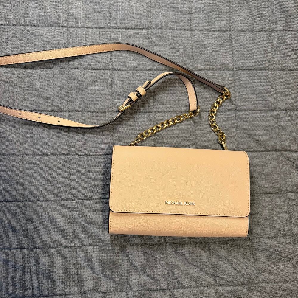 Michael Kors Jet Set Leather Crossbody Bag Clutch Chain Strap Wallet pale Pink